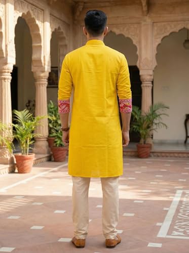 Image of Men's Jamdani Printed Kurta Pajama Set | Pure Cotton Ethnic Kurta with Mandarin Collar & Dupion Silk Pyjama | Festive & Weddings 303A12A 303SB12B(M XXL)