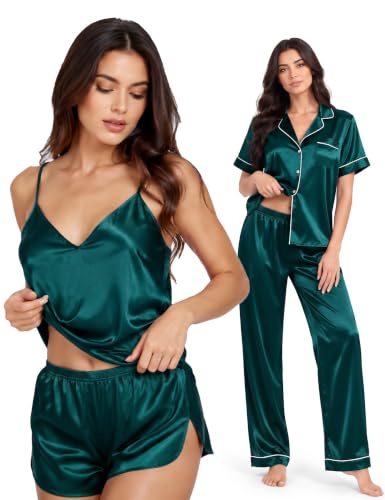 Image of SWOMOG Womens Silk Satin Pajamas Sets 4pcs Sleepwear Sexy Cami Shorts Set and Button Down Short Sleeve Pjs Loungewear