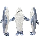 Sfit Hai Decke Erwachsene Zum Anziehen,Flanell Shark Blanket Hoodie Superweicher Sofa Kuscheldecke Hai Decke Schlafsack Onesie Hai Kostüm für Teenager, Erwachsene, Hai-Liebhaber(Blau,190cm)