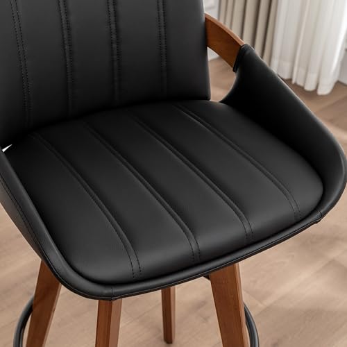 Image of AQG Bar Stools Set of 3, 29.5 Inch Mid Century Modern Bar Height Bar Chairs, Swivel Barstools with Walnut Craft, Faux Leather Upholstered Furniture for Island /Counter (Black, 29.5 inch-3 PCS)