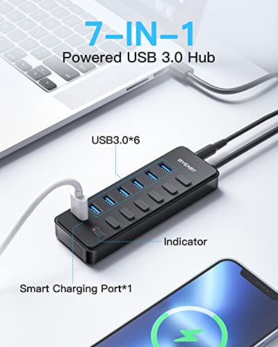 BYEASY-7-in-1-Multiport-USB-Hub-with-BC12-Smart-Charging-Port-Powered-USB-30-Hub-with-5V3A-Power-AdapterUSB-Data-Splitter-with-Individual-Indicator-for-Notebook-Laptop-Tablet-USB-Flash-Drives-PC