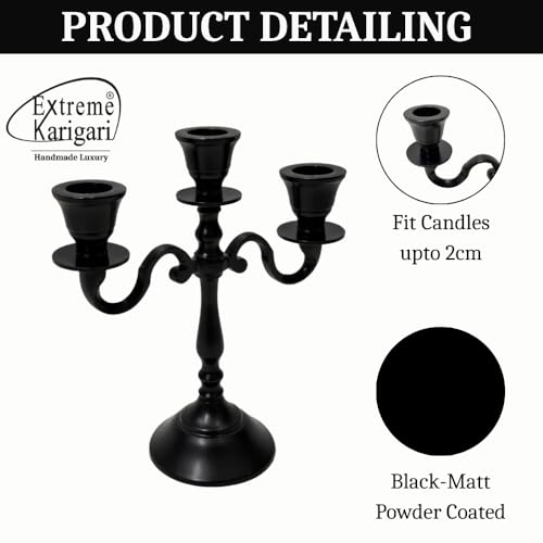 Image of Aluminum 3-Arm 8inch Black Candelabra for Dining Table | Vintage Candle Stand for Romantic Dinner, Home & Wedding Decor