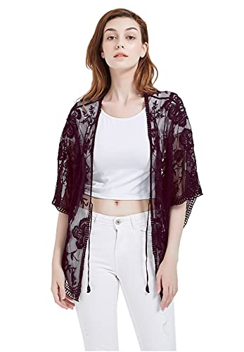 Anna-Kaci Womens Long Embroidered Lace Kimono Cardigan with Half Sleeves