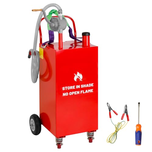Gas Caddy 30 Gallon with Hand Bidirectional Siphon Pump Portable Fuel Caddy with Wheels Large Container Diesel Can for ATV Car Mowers Tractor Boat Motorcycle (Red)