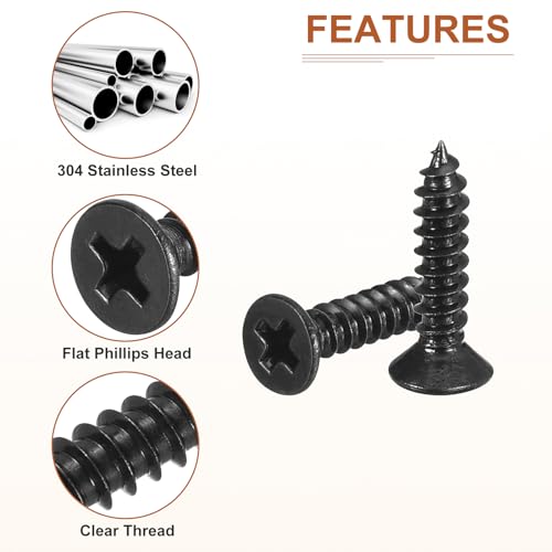 Image of DTGN 500Pcs #4x1 /2 inch Flat Head Wood Screws, 304 Stainless Steel Phillips Self Tapping Screws - Good for Woodworking, Furniture - Black