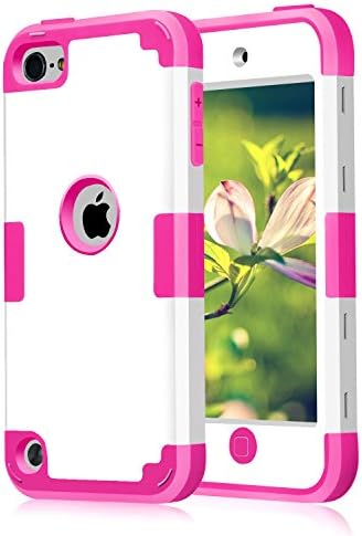 Case for iPod Touch 5 Case for iPod Touch 6 Case, 3 in 1 Hard PC Case + Silicone Shockproof Heavy Duty High Impact Armor Hard Case Cover for Apple iPod Touch 5 6th Generation (White+hot Pink)