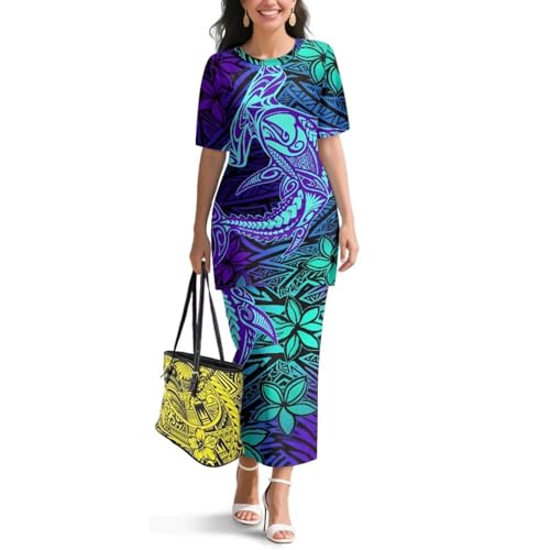 Image of Puletasi Samoan Traditional 2 Piece Outfits for Women Short Sleeve Crop Top and Maxi Skirt Sets Puletasi Dress