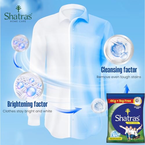 Image of Shatras Quick Wash Detergent Powder- 4 Kg+1 Kg Free Pack |Enhanced Super Soak Technology For Deep Cleaning| Ideal For Top Load & Front Load Machines |Gentle On Fabrics & Tough On Stains