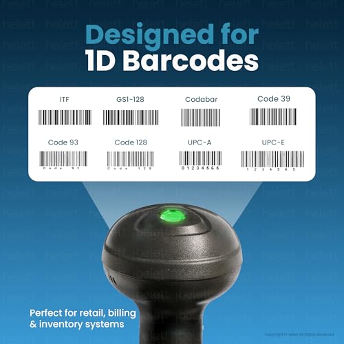 Image of Helett HT410 Lite Barcode Scanner Wired USB Handheld 1D Laser Scanner | Plug & Play | Fast Scanning | Retail POS, Warehouse, Billing | Windows Mac Linux | 1 Year Warranty (Black)
