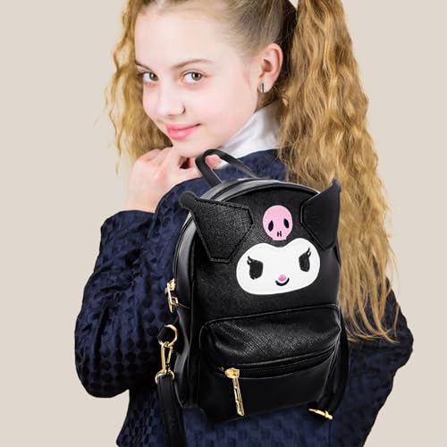 Kuromi Backpack PU-Leder-Rucksack Kuromi Umhängetasche Sanrio Bag for Girls With, Cute K-uromi Bag black, Anime Theme Children’s Backpacks