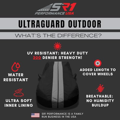 Image of SR1 Performance USA Ultraguard F150 Truck Cover 2001-2026 - Custom Fit Indoor Outdoor Pickup Cover, Breathable Water Resistant, UV Sun Protection, Soft Lining, Storage Bag (Black w /Red Stripes)