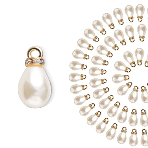 100pcs Pearl Charms for Jewelry Making Charms Bulk Beads Faux Pearl Pendant 11mm with Simulation Diamond Gold Buckle DIY Necklace Earrings Bracelets Clothing Wedding Birthday Party Home Decoration (Drop shape)