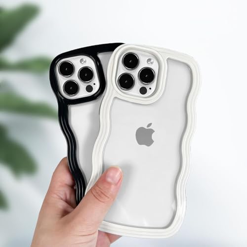 Image of GoldKart iPhone 13 Pro Max Case Wavy Edge Clear Back Design, Anti-Slip Grip Cute Wave Curly Frame Shape Shockproof Soft TPU & Hard PC Bumper Protective Phone Case Cover for Women Girls - White