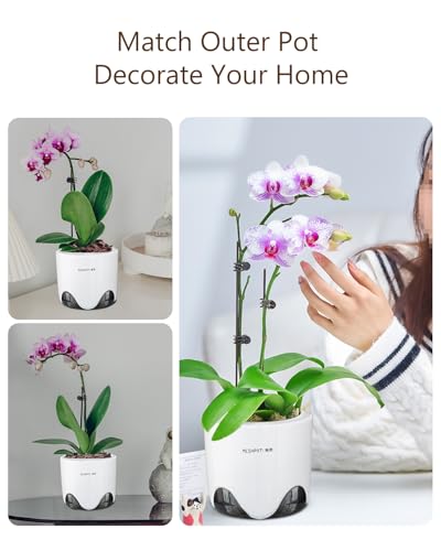 Meshpot 6 inch Orchid Pots with Holes for Repotting with Excellent Airflow, Set of 2, Double Layer Plastic Imitate Ceramic Orchid Planter, Clear Orchid Pot Match Decorative Orchid Container