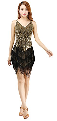 BellyQueen - Vestido Latino Mujer para Danza Clásica Salsa Tango con Lentejuelas y Flecos - Talla Única - Dorado