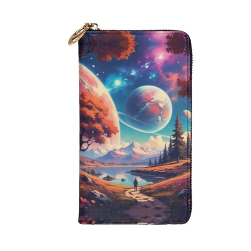 Women's Long Cash Wallet, PU Leather Elegant Clutch Change Purses with Zipper, Travel, Gifts (Galaxy Nature Planet Print)2