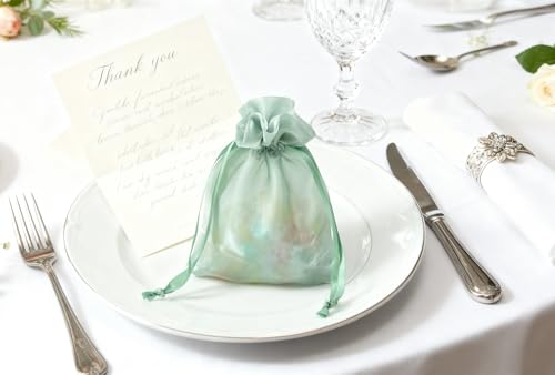 Image of QIANF 20 Pcs Sage Green Small Organza Bags 4X6 inch for Wedding Favors with Drawstring, Mini Mesh Gift Bags Jewelry Pouch for Candy Bridal Shower Party Favor Baby Shower Christmas