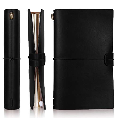 SAYEEC A6 Refillable Travel Journal Notebook PU Leather Hardcover Notebook Black Writing Diary with Lined Blank Grid Paper for Men and Women Gift 3 Kinds Paper