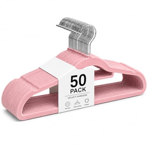 1ABOVE Premium Quality 50 pack Non-Slip Velvet Hangers (44cm) Heavy Duty Velvet Suit Hangers with Tie Bar 360 Swivel Hooks Space saving sturdy to hold Jacket Jumper & Pullover(Set of 50-PINK)