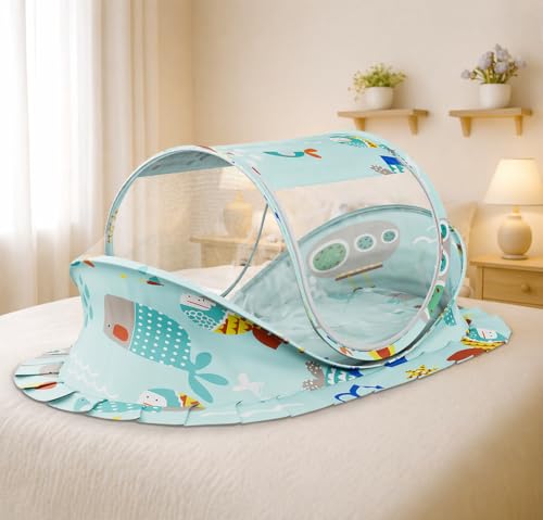 Image of StarAndDaisy Baby Mosquito net with Mattress for Baby, Portable Baby Lounger for Kids, Breathable mesh Mosquito Net. (Aqua Print)