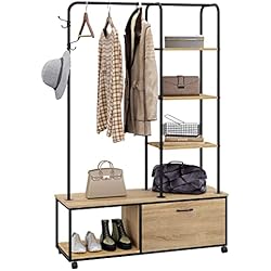 Perchero Zapatero Industrial eSituro Perchero Ropa con 5 Estantes, Perchero Zapatero Industrial con Rueadas, Perchero Entrada Recibidor con 3 Ganchos y 1 Armario con Puerta, Madera+Acero, Roble Claro + Negro SGR0141