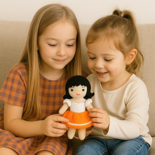 Image of Sutra Handmade Crochet Doll in Orange & White Dress | Wool Amigurumi Soft Toy | Handmade Gift for Kids, Nursery & Home Decor