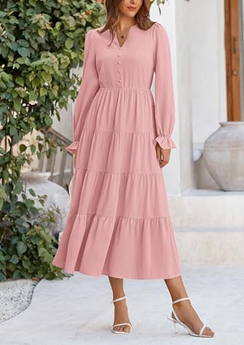 PRETTYGARDEN Long Sleeve Dress for Women 2025 Fall V Neck Tiered Aline Spring Elegant Modest Flowy Wedding Guest Maxi Dresses
