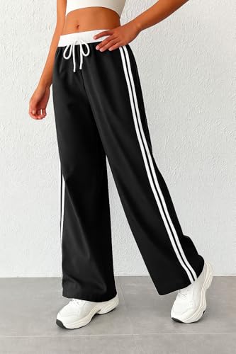 Image of SAKHWALA Women Track Pant | Women's Wide Leg Track Pants High Waist Drawstring Sweatpants with Side Stripes, Casual Loose Fit Lounge Joggers, White
