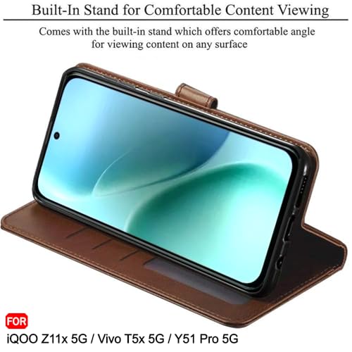 Image of TheGiftKart Flip Back Cover Case for iQOO Z11x 5G / Vivo T5x 5G / Vivo Y51 Pro 5G | Dual-Color Leather Finish | Inbuilt Stand & Pockets | Wallet Style Flip Case Cover (Faux Leather, Brown & Coffee)