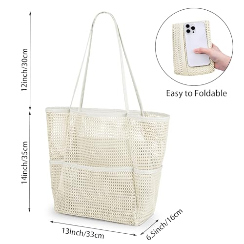 Image of Iioscre Beach Bag for Women, Causal Hobo Handbags with Zipper Inner Pocket, Foldable Swim Tote Bag for Vacation Essentials