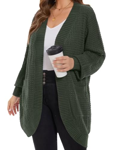 Image of MONNURO Womens Plus Size Open Front Cardigan Waffle Knit Long Sleeve Sweaters Tops Fall Coat Outerwear with Pockets