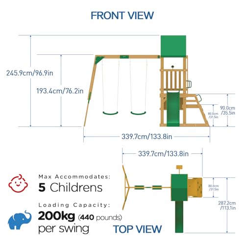 DOLPHIN PLAYGROUND T Swing Set for Backyard with 2 Swings, Slide, Climbing Wall, Chalkboard, Picnic Table & Telescope – Heavy-Duty Cedar Wood Outdoor Playset for Kids Aged 3+ Years