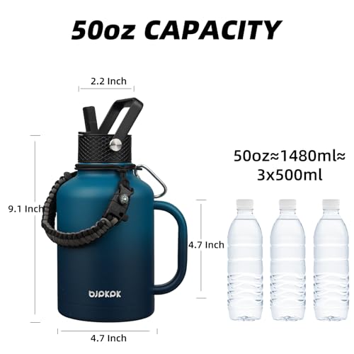 Image of BJPKPK Large Insulated Water Bottles with Straw Lid & Handle, 50oz Water Bottle with 3 Lids and Paracord Strap, Stainless Steel Metal Water Bottle, Insulated Water Jug, Vast