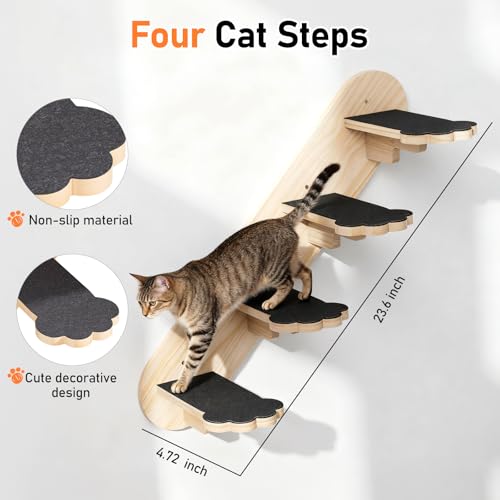 Image of XiaZ Cat Wall Hammock Mounted Bed with 4 Climbing Steps, Modern Cats Shelves and Perches up to 30lbs, Wooden Kitten Wall Furniture for Indoor Sleeping, Playing, Climbing and Lounging (Hammock)