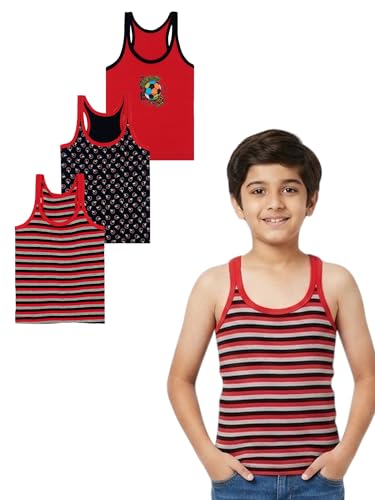 Image of Kids Boy's Regular Fit Vest| 100% Cotton| Skin Friendly | Lightweight | Sleeveless Design | Pack Of 3 (Color & Print May Vary)