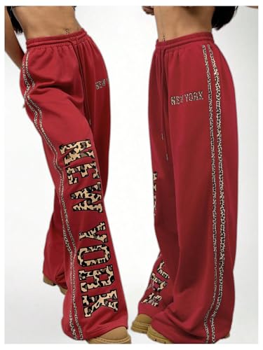 WDIRARA Women's Leopard Letter Graphic Wide Leg Sweatpants Drawstring Waist Workout Baggy Pants3