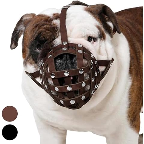 CollarDirect Leather Basket Dog Muzzle for Boxer, English American Bulldog Secure Anti-Barking Biting Chewing Adjustable Breathable (Brown) Cover
