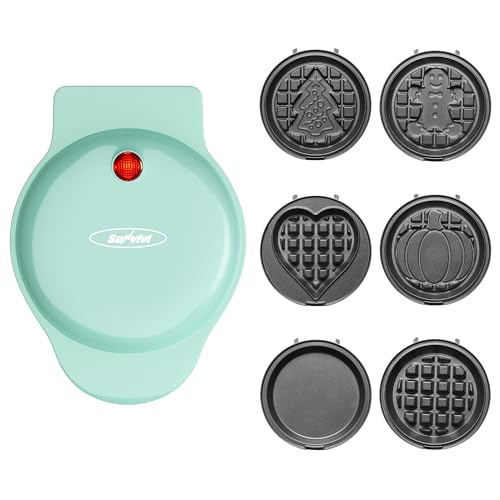 Image of 6 in 1 Mini Waffle Maker, 4 inch Waffle Iron with Removable Non-stick Plates, Perfect Mini Waffle Maker Machine for Kids and Families, Light Blue