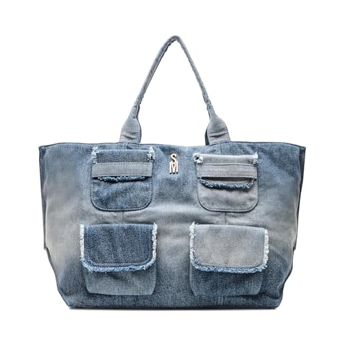 Bolso tote grande con bolsillos de carga Steve Madden Banisia-D en denim miniatura 1