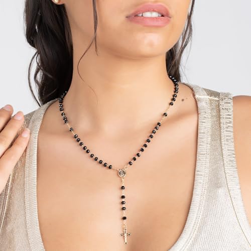 Barzel 18K Gold Plated Black Bead Rosary, Virgin Mary Centerpiece, Made in Brazil, Tarnish Free, Waterproof, High Polish Finish, Size 18-24 Inches2