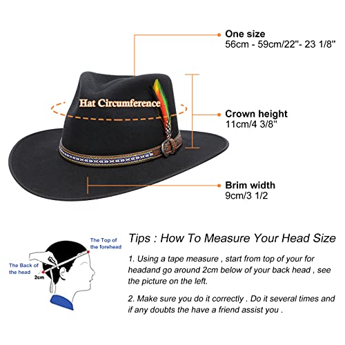Mix Brown Cowboy Cowgirl Hat Western Outback Style Crushable Wool Felt Hat Water-Repellent With Leather Band For Men Women (Black B, Large) #TOP4