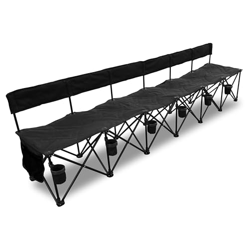 GoTEAM! Pro 6 Seat Portable Folding Team Bench w/Cupholders - Soccer Benches for Team - Carrying Bag Included - Folding Bench Camping Chairs - Sideline Soccer Bench - Portable Camping Chair (Black)