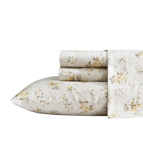 Image of Laura Ashley - King Sheet Set, Buttery-Soft Bed Sheets with a Naturally Silky Smooth Cotton Sateen Lightweight Feel - Matching Pillowcases & Fitted Sheet (Little Darlings Beige)