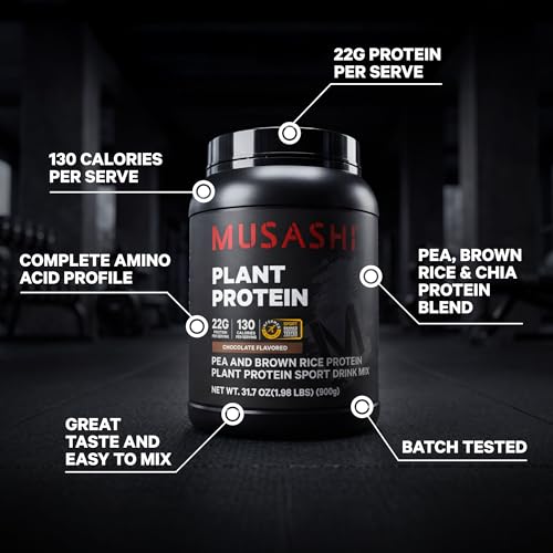 Image of Musashi Plant Protein Powder, Chocolate, 900g (1.98 lb), Pea, Brown Rice and Chia Protein Blend with BCAAs & L-Glutamine, 23g Protein, 130 Calories per Serving