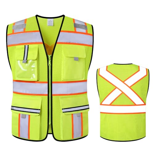Image of Class 2 Safety Vest with Zipper Front and multiple Pockets, High Visibility Vest, Meets ANSI /ISEA Standards