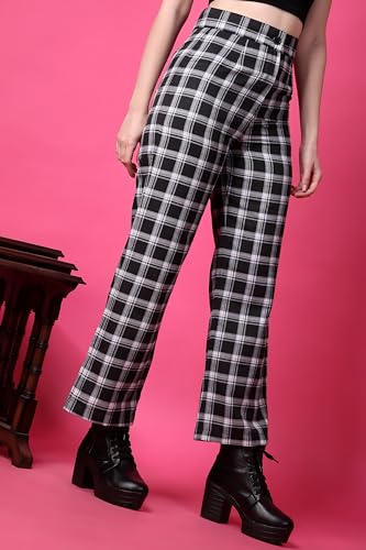 Image of POPWINGS Casual Check Print Button and Zip Closure Trouser for Women | Western Wide-Leg Trouser for Women | Summer Trousers for Women | Comfortable Semi-Formal Work Trouser for Women