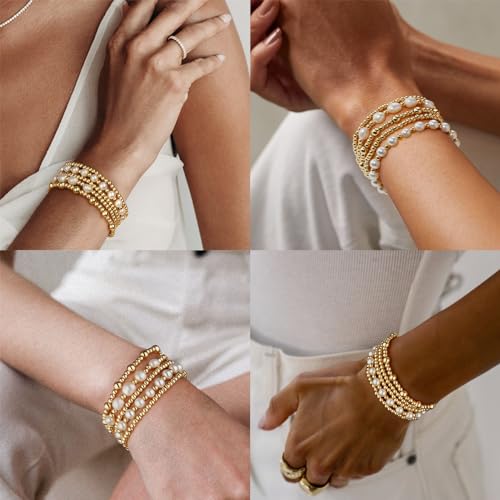 Adoyi Gold Bracelets For Women, 14K Gold Plated Beaded Bracelets Stack Trendy Stackable Bracelet Set Strand Stretch Pearl Ball Bracelet Gold Jewelry Set For Women Gift thumb #3