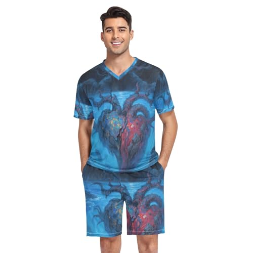 Nexawaveo Conjunto de pijama de manga corta para hombre, pantalones de dormir con bolsillo, tallas S-2XL, Monster Sea Black, Medium