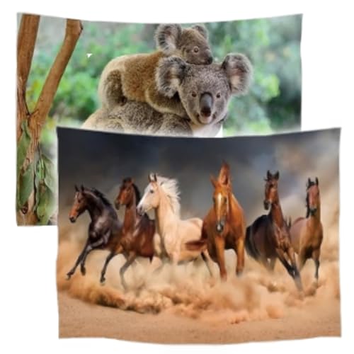 Ulticool – Tapisserie - Cheval Galop la Nature Animaux Koala - 73cm x 95cm – Lot de 2 designs - Tissu Tapisserie Peinture - Poster Art - Brun