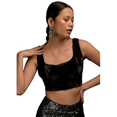 Women's Readymade Velvet Blouse For Sarees || Indian Designer Bollywood Padded Stitched Crop Top Choli, Black 2, Medium Cover